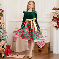 QPANCY Matching Girls & Doll Christmas Dresses Classic Plaid Long Sleeve Holiday Dress Kids Midi Velour Dress