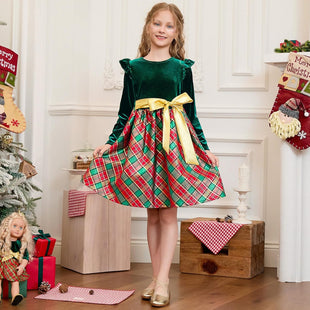 QPANCY Matching Girls & Doll Christmas Dresses Classic Plaid Long Sleeve Holiday Dress Kids Midi Velour Dress