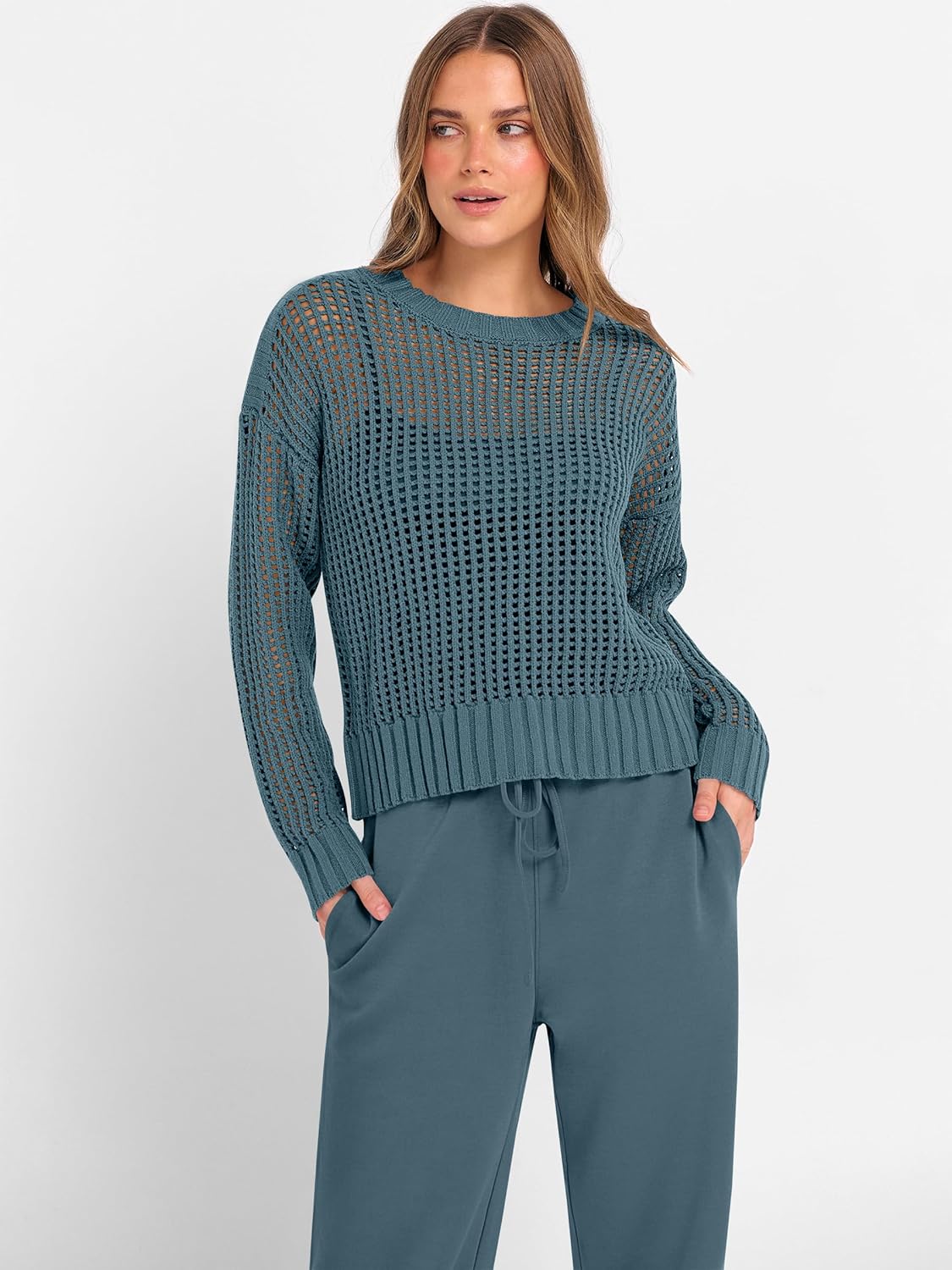 ANRABESS Womens 2 Piece Outfits Crochet Sheer Knit Sweater Top Wide Leg Pants Lounge Sets Sweatsuit 2025 Fall Travel Clothes