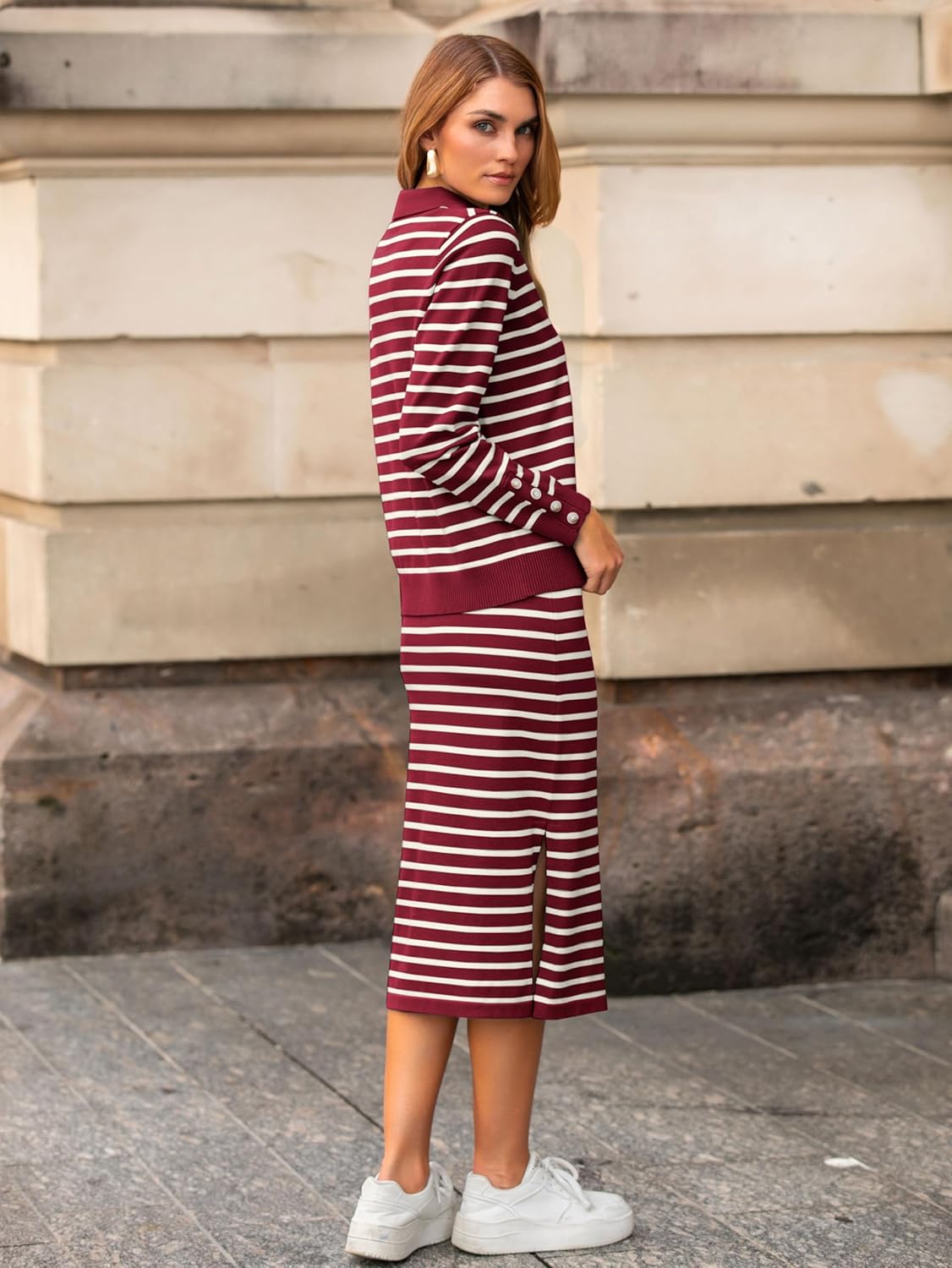 Glamaker Womens 2 Piece Skirt Sets Striped Sweater Dress Casual Polo Neck Knit Long Sleeve Midi Dresses Fall Fashion Outfits