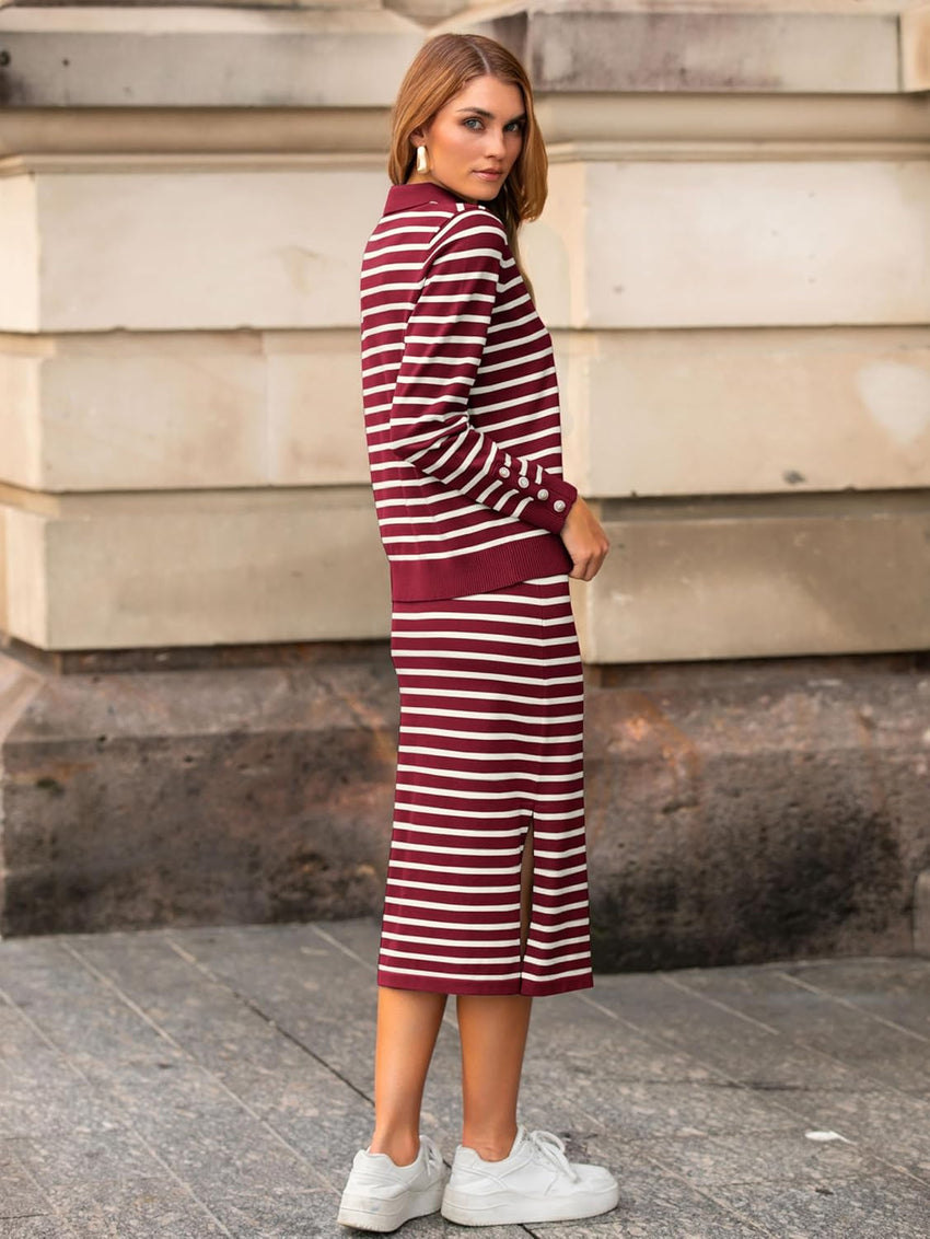 Glamaker Womens 2 Piece Skirt Sets Striped Sweater Dress Casual Polo Neck Knit Long Sleeve Midi Dresses Fall Fashion Outfits
