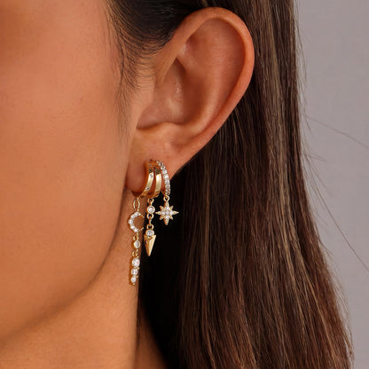 Gold Dangle Earrings for Women, 14k Gold Plated Stacked Triple Hoop Illusion Earrings Cubic Zirconia Huggie Earrings for Women Trendy