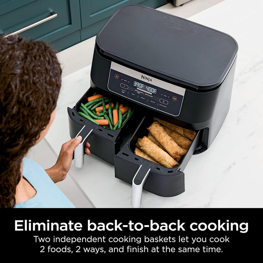 Ninja DZ090 6-Quart Dual-Zone 2-Basket Air Fryer - Roast, Bake, Dehydrate (Renewed)