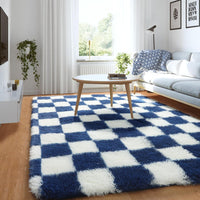 KICMOR Navy Blue and Cream White Rugs for Living Room, 4x6 Fluffy Fuzzy Shag Checkered Rug Shaggy Carpet for Bedroom, Soft Plush Area Rug for Nursery Toddler Room Classroom Study Room Kids Room