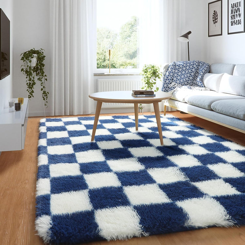 KICMOR Navy Blue and Cream White Rugs for Living Room, 4x6 Fluffy Fuzzy Shag Checkered Rug Shaggy Carpet for Bedroom, Soft Plush Area Rug for Nursery Toddler Room Classroom Study Room Kids Room