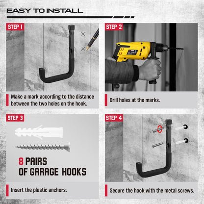 SEDY 6-Piece Heavy Duty Garage Storage Hooks, Wall Mount J Utility Hooks Holds 88 LB, Large Metal Utility, Garage Storage Ladders for Bikes, Garden Tools