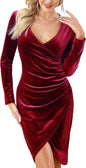 Aphratti Women's Velvet Dress Long Sleeve Wrap V Neck Split Ruched Bodycon Cocktail Party Fall Dresses for Wedding Guest 2025