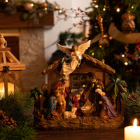 Valery Madelyn Christmas Nativity Figurines with LED Lights, Red Gold Holy Family Nativity Scenes Set Resin Manger for Xmas Indoor Home Table Fireplace Holiday Decorations, 10.6 Inch Tall