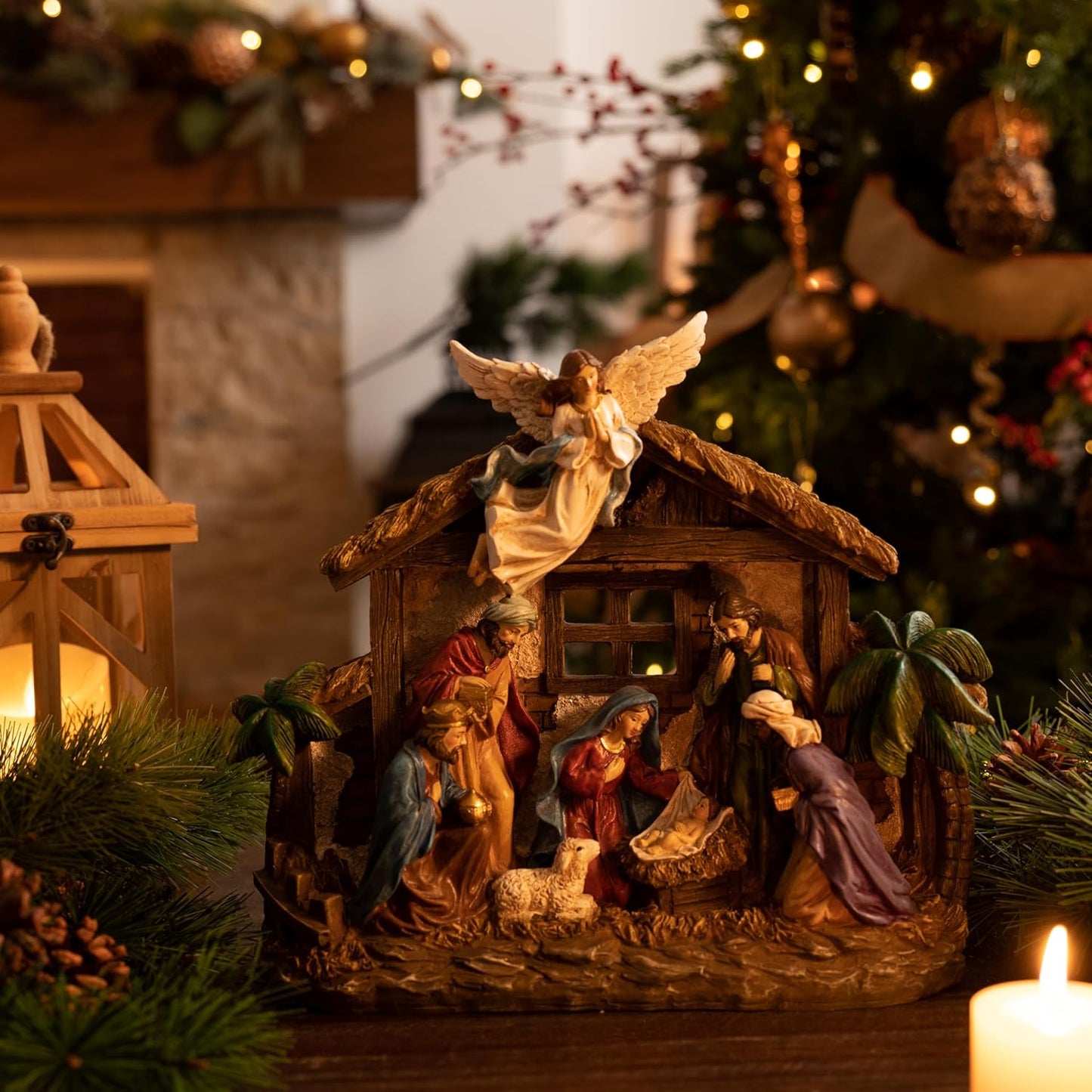 Valery Madelyn Christmas Nativity Figurines with LED Lights, Red Gold Holy Family Nativity Scenes Set Resin Manger for Xmas Indoor Home Table Fireplace Holiday Decorations, 10.6 Inch Tall