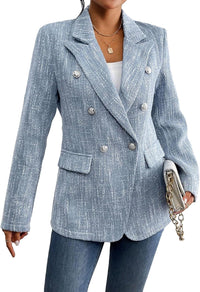 Mina Self 2025 Fall Women's Tweed Blazer - Double-Breasted Fully-Lined Fashion Slim Casual Work Office Jacket with Pockets