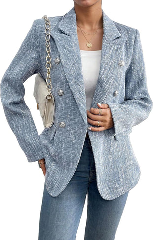 Mina Self 2025 Fall Women's Tweed Blazer - Double-Breasted Fully-Lined Fashion Slim Casual Work Office Jacket with Pockets
