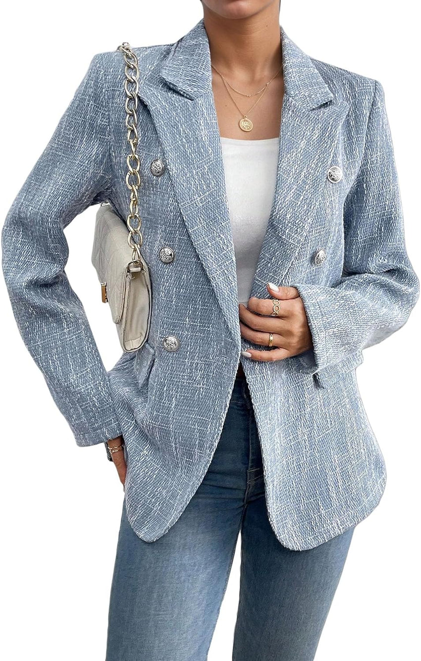 Mina Self 2025 Fall Women's Tweed Blazer - Double-Breasted Fully-Lined Fashion Slim Casual Work Office Jacket with Pockets