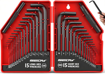 SEDY 32-Piece Hex Key Wrench Set, Metric and SAE Allen Wrenches (0.028-3/8 inch, 0.7-10 mm) L Shape Allen Keys, Chrome Vanadium Steelwith 2x Extension Handle