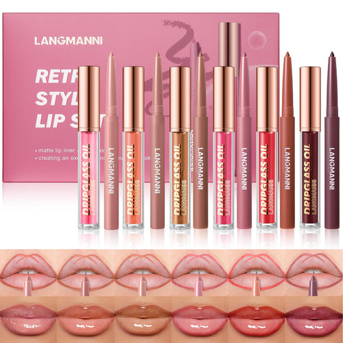 Jolilab Matte Lip Liner Lip Oil Set, Lip Makeup Set Natural Smooth Long-Lasting And Hydrating Beauty Daily Cosmetics Gift for Girls Easy-to-Use（12pcs）