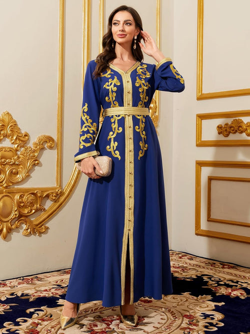 Middle Eastern Modest Maxi Dress - Muslim Moroccan Kaftan Abaya for Women Gold Embroidered Eid Dress Islamic Traditional Wear