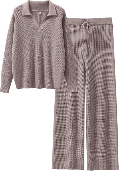 ANRABESS Women Two Piece Outfits Sweater Sets Lounge Waffle Knit Pullover Matching Wide Leg Pants Tracksuit 2025 Fall Fashion