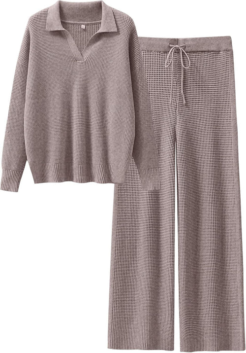 ANRABESS Women Two Piece Outfits Sweater Sets Lounge Waffle Knit Pullover Matching Wide Leg Pants Tracksuit 2025 Fall Fashion
