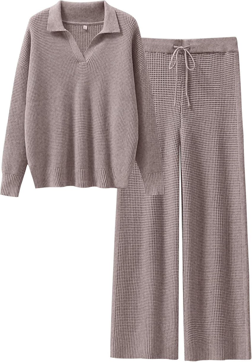 ANRABESS Women Two Piece Outfits Sweater Sets Lounge Waffle Knit Pullover Matching Wide Leg Pants Tracksuit 2025 Fall Fashion