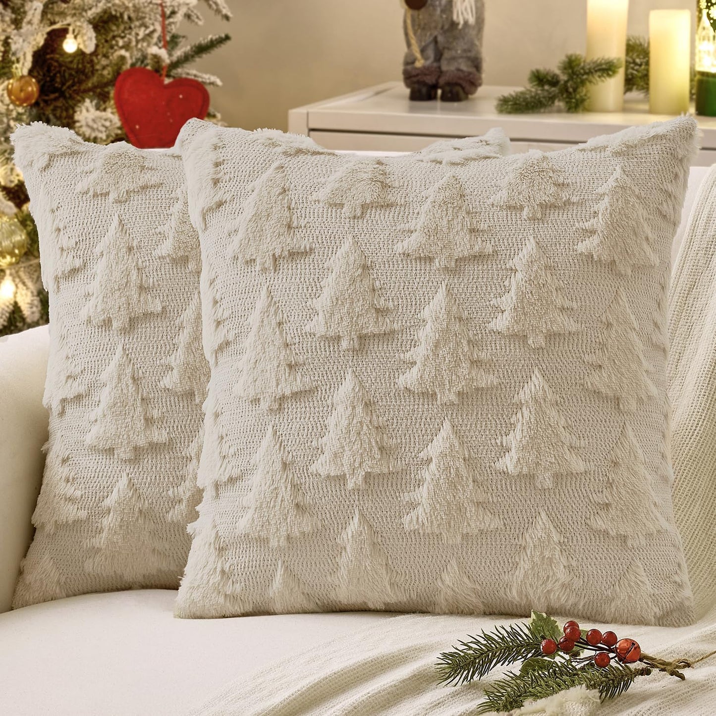 MIULEE Christmas Throw Pillow Covers Dark Green Christmas Decorations Set of 2 Xmas Tree 18x18 Pillow Covers Soft Plush Faux Wool Pillowcases Holiday Festivals Winter Home Decor Sofa Couch Bed Porch