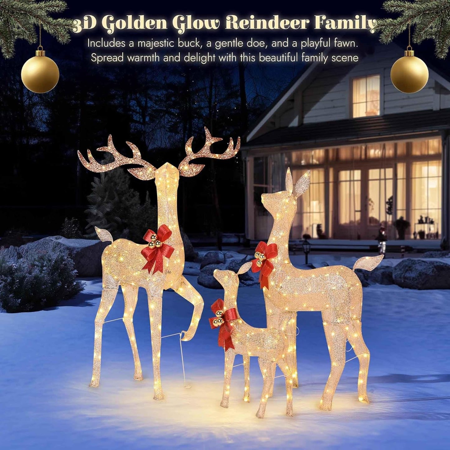Yescom 3-Piece Large Pre-Lit LED Reindeer Christmas Decor, 110V Plug-in Light Up Deer Family Set Outdoor Decorations for Yard Holiday, 3D Golden Outside Patio Deck Lawn Ornaments with Stack 2025 Xmas