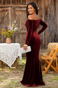 Off The Shoulder Velvet Formal Dresses Mermaid Long Sleeve Wedding Guest Dress Wrap Evening Dress