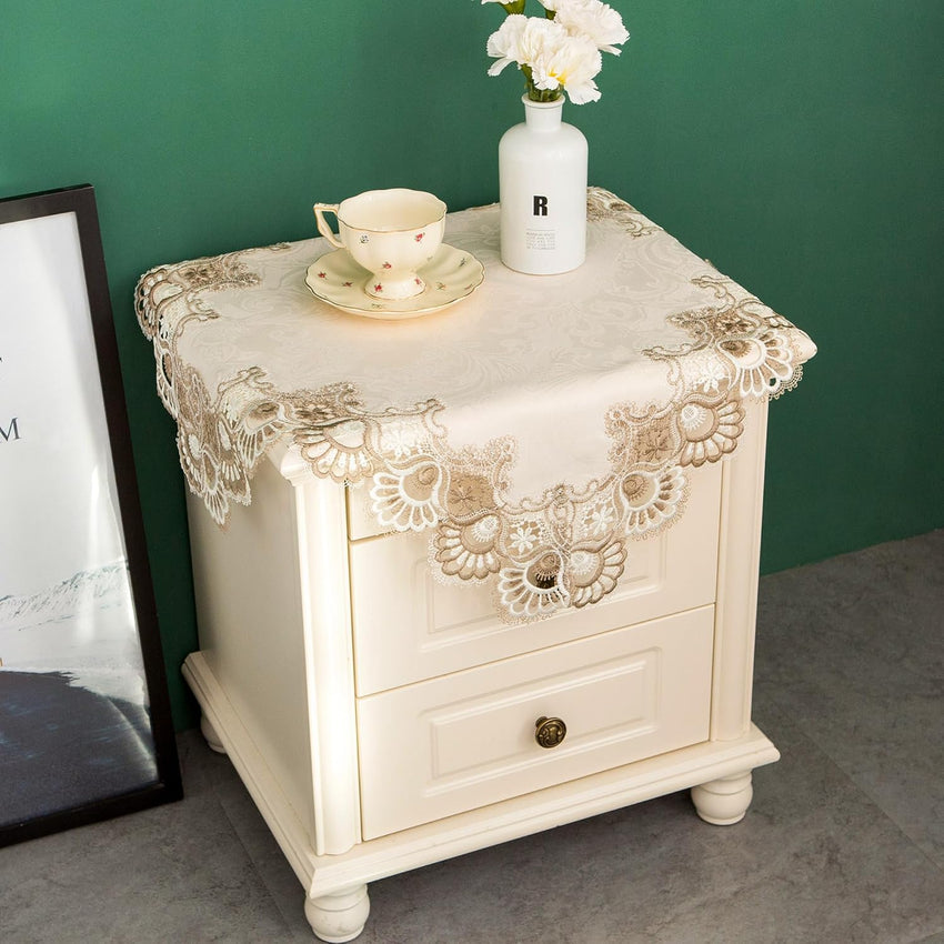 Lace Small Square Tablecloth Embroidered Farmhouse Table Cloth with Macrame Border Side Table Cover for Dresser Beside Table Nightstand Stone 24x24 inch