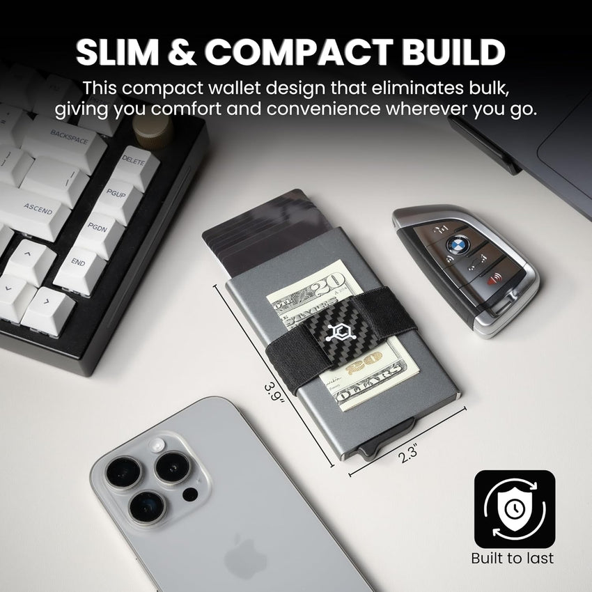 CODE 118 Wallet - Premium Automatic Smart Wallet, RFID Blocking, Pop Up Mens Minimalist Metal Wallet, 6061-T6 Aerospace-Grade Aluminum, Genuine 3K Carbon Fiber (Classic, Slate Grey)