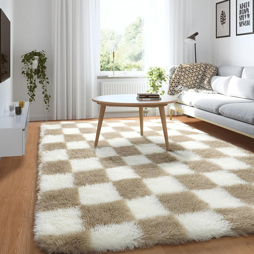 KICMOR Navy Blue and Cream White Rugs for Living Room, 4x6 Fluffy Fuzzy Shag Checkered Rug Shaggy Carpet for Bedroom, Soft Plush Area Rug for Nursery Toddler Room Classroom Study Room Kids Room