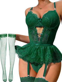Women Lingerie Set Naughty Lace Bodysuit High Waisted Underwire Lingerie Babydoll With Garter Belt and Stockings