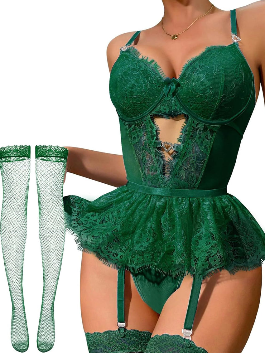 Women Lingerie Set Naughty Lace Bodysuit High Waisted Underwire Lingerie Babydoll With Garter Belt and Stockings