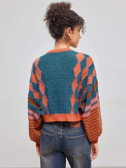 CIDER Cardigans for Women Trendy Crew Neck Striped Geometric Knit Cardigan Oversized Button Up Knitwear