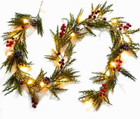 Christmas Garland 6FT 20 LED Bulbs Cypress Pine Garland with Lights Battery Operated with Timer Bells Red Berries Pinecones Green Garlands Decoration for Xmas Holiday Thanksgiving New Year Home Decor