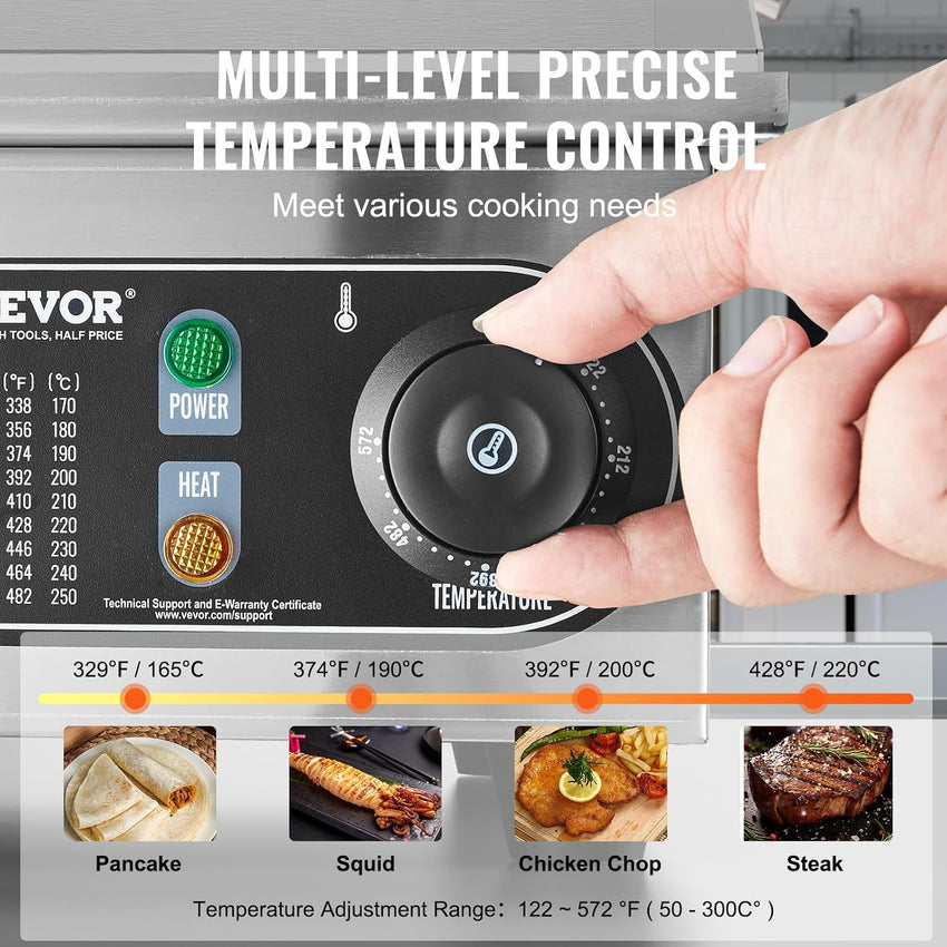 VEVOR Commercial Electric Griddle, 1600W Countertop Half-Flat Top Grill, 22in Stainless Steel Griddle Grill with 2 Shovels and 2 Brushes for Home or Restaurant, 122℉-572℉ Adjustable Temp