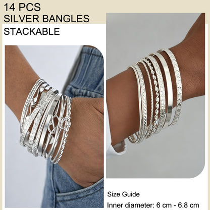 FAXHION Gold Bangle Bracelets for Women, 14 Pcs Multi Layer Stackable Bangle Set, 14K Gold Plated Textured Chunky Bracelets Boho Jewelrys Set