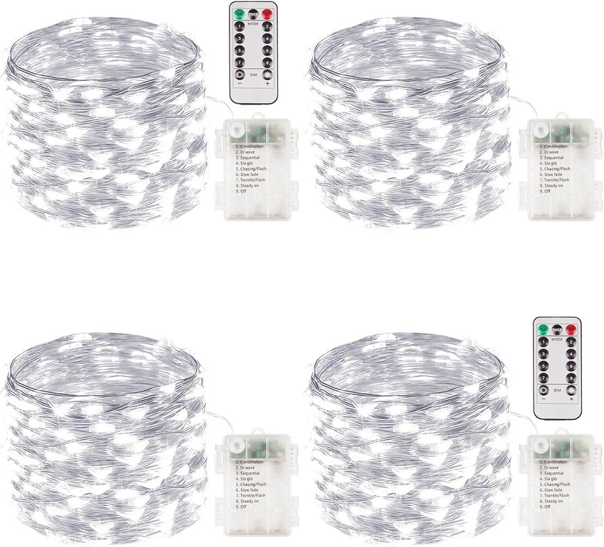 4 Pack 100 LED Fairy Lights Battery Operated with Remote, 33FT Waterproof Twinkle Lights with Timer & 8 Modes, Fairy String Light Outdoor Indoor for Bedroom Classroom DIY Christmas Decor (Warm White)