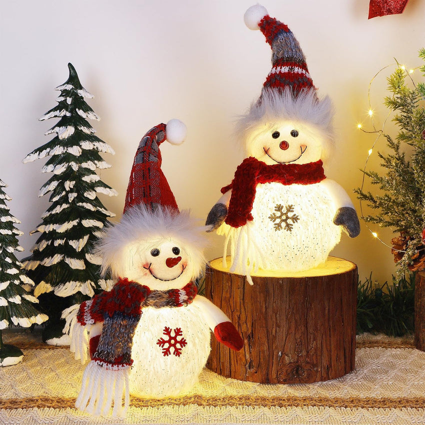 Juegoal 2 Pack Christmas Table Decorations, 10 Inch Lighted Plush Snowmen Figurines, Light Up Snowman Holiday Present, Battery Operated Xmas Gifts Winter Tabletop Ornaments Dinner Party Supplies