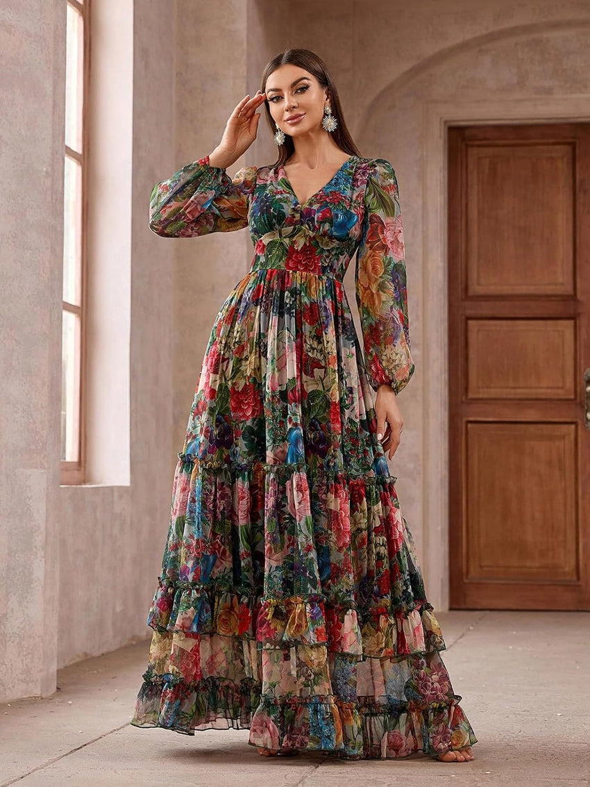 Summer Casual Dresses for Women 2024 Spring Fashion Boho V Neck Long Sleeve Ruffle Floral Print Elegant Maxi Dress