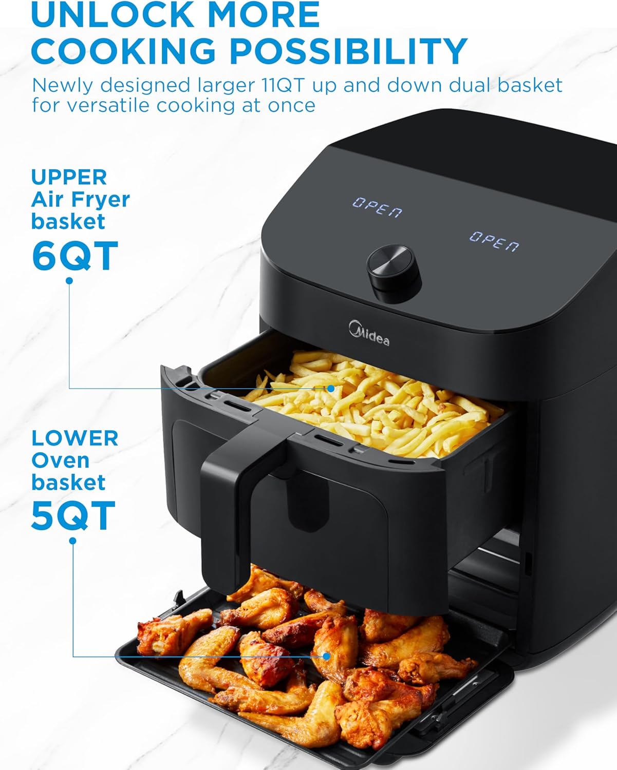 Midea Dual Basket Air Fryer Oven 11 Quart 8 in 1 Functions, Clear Window, Smart Sync Finish, Works with Alexa, Wi-Fi Connectivity, 50+ App Recipes for family meals, Bake, Roast, Grill, Broil, Toast