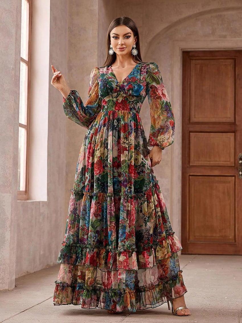 Summer Casual Dresses for Women 2024 Spring Fashion Boho V Neck Long Sleeve Ruffle Floral Print Elegant Maxi Dress