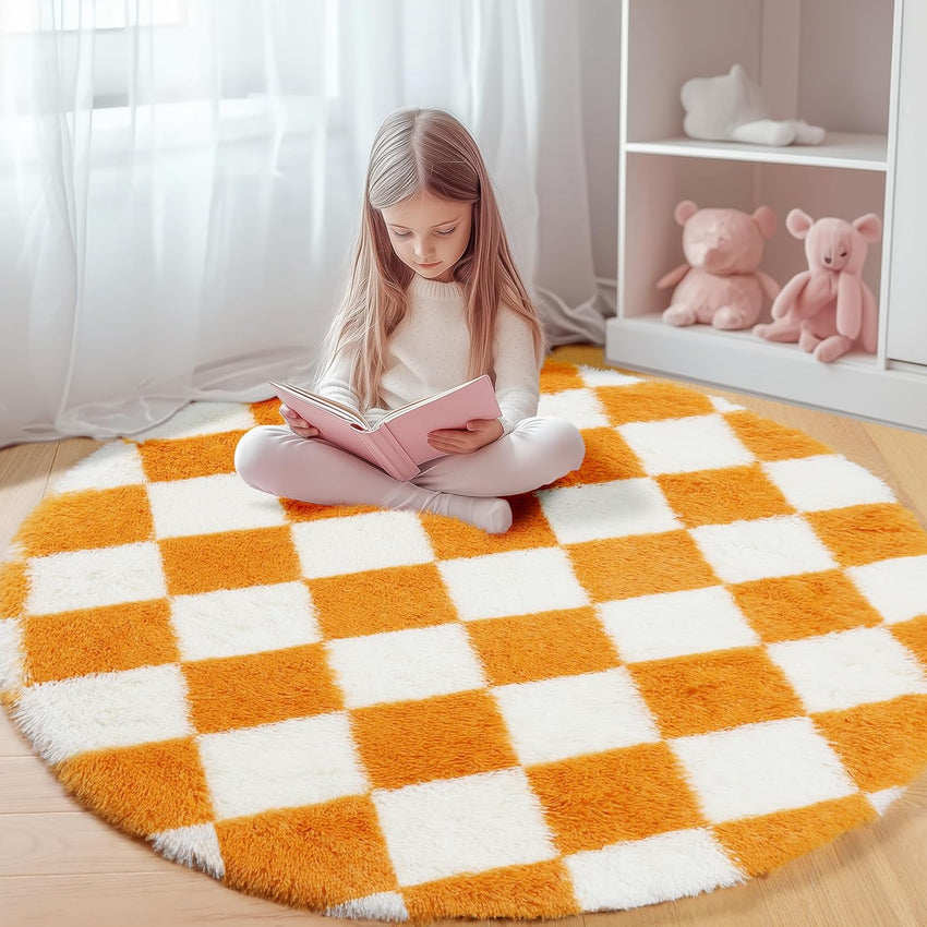 KICMOR Navy Blue and Cream White Rugs for Living Room, 4x6 Fluffy Fuzzy Shag Checkered Rug Shaggy Carpet for Bedroom, Soft Plush Area Rug for Nursery Toddler Room Classroom Study Room Kids Room