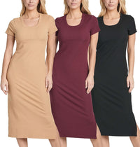 Real Essentials 3 Pack: Women's Ribbed Jersey Crew Neck Short Sleeve Midi Length Dress with Side Slit