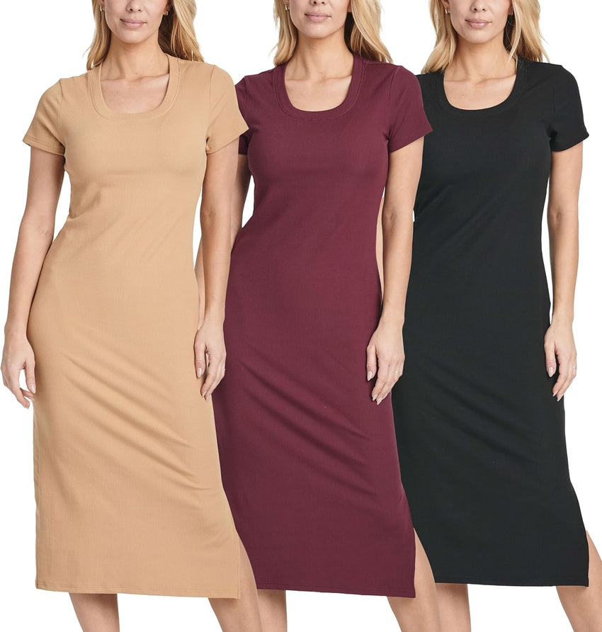 Real Essentials 3 Pack: Women's Ribbed Jersey Crew Neck Short Sleeve Midi Length Dress with Side Slit