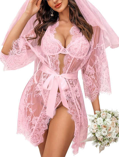Avidlove Women's Lace Kimono Robe Babydoll Lingerie Mesh Nightgown S-5XL