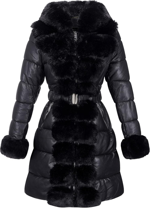 RISISSIDA Women Winter Fur Lined Coat,Puffer Jacket with Long Fur Trim Hooded,Warm Leather Bubble Overcoat Cold-resistant