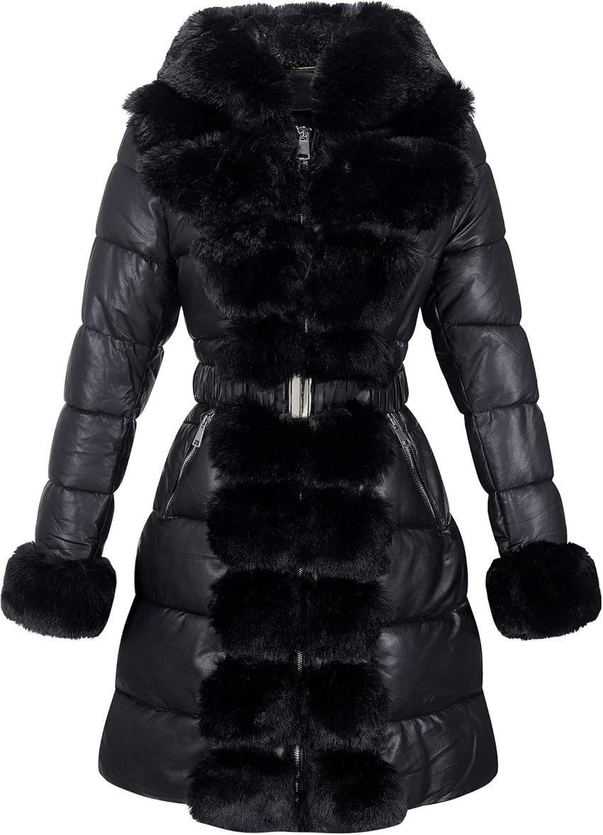 RISISSIDA Women Winter Fur Lined Coat,Puffer Jacket with Long Fur Trim Hooded,Warm Leather Bubble Overcoat Cold-resistant