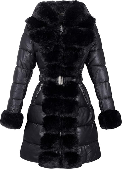 RISISSIDA Women Winter Fur Lined Coat,Puffer Jacket with Long Fur Trim Hooded,Warm Leather Bubble Overcoat Cold-resistant