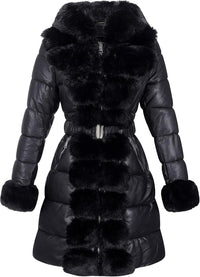 RISISSIDA Women Winter Fur Lined Coat,Puffer Jacket with Long Fur Trim Hooded,Warm Leather Bubble Overcoat Cold-resistant