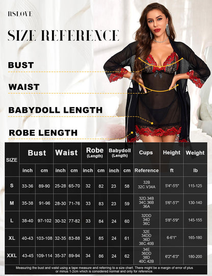 RSLOVE Women Sexy Lingerie Set 3 Piece Babydoll & Lace Kimono Robe Strap Chemise Mesh Nightgown Wine Red M