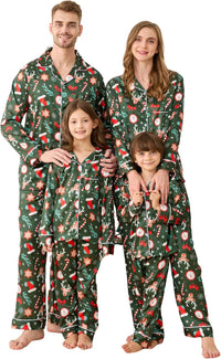 Satin Family Christmas Pajamas Set Soft Button Down Holiday Sleepwear Matching PJs for Couple Men Women Jammies Party
