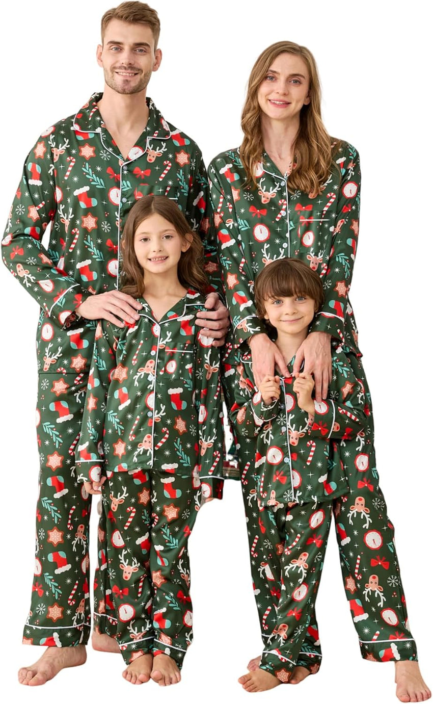 Satin Family Christmas Pajamas Set Soft Button Down Holiday Sleepwear Matching PJs for Couple Men Women Jammies Party